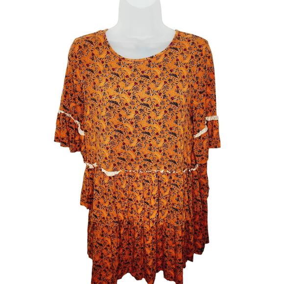 Matilda Jane Orange Floral Boho Print Ruffled Tiered Stretchy Tunic Top Small - Picture 1 of 12